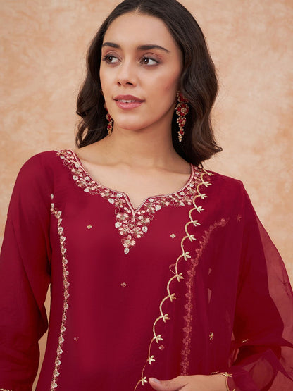 Dhiyona SN Women's Maroon Floral Embroidered Straight Kurta With Trousers & Dupatta