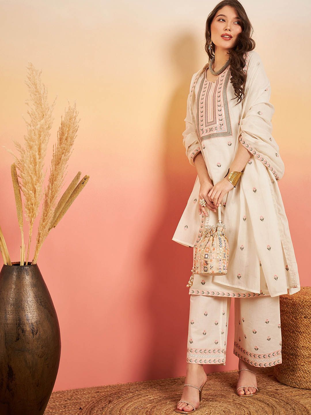 Dhiyona SN Women's Embroidered Pure Cotton Regular Kurta & Trousers With Dupatta