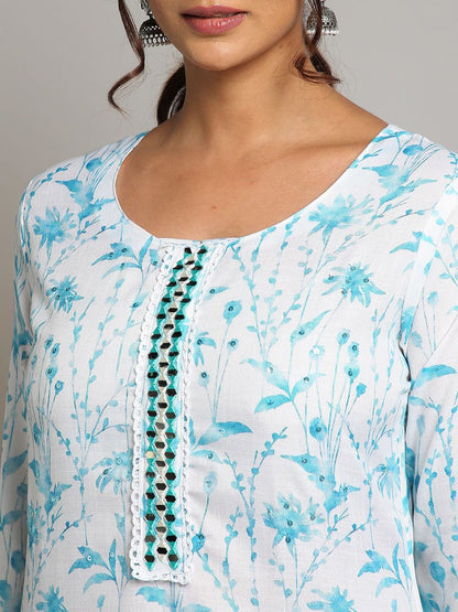 Dhiyona OD  Floral Printed Sequinned Linen Kurta with Trousers & Dupatta