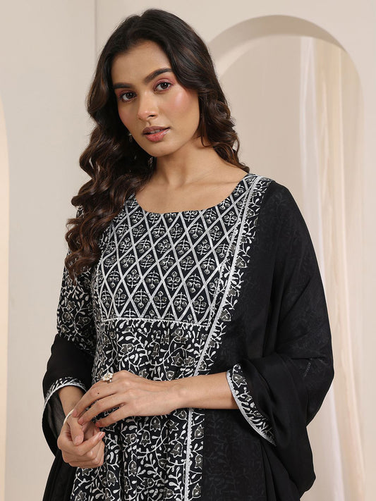 Womens Black Printed Cotton Anarkali Kurta With Trousers & Dupatta