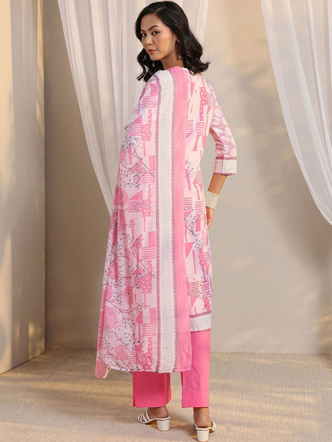 Libas Pink Geometric Printed Straight Suit Set with Dupatta