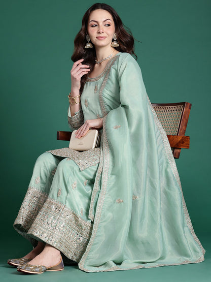 Dhiyona IE Ethnic Motifs Embroidered Sequinned Kurta with Palazzos & With Dupatta