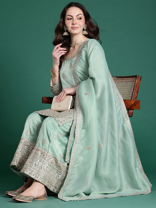 Dhiyona IE Ethnic Motifs Embroidered Sequinned Kurta with Palazzos & With Dupatta