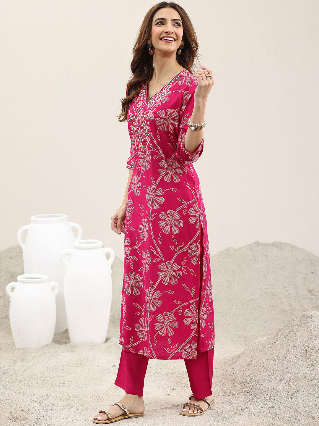 Bandhani Printed Regular Thread Work Straight Kurta With Trousers & Dupatta