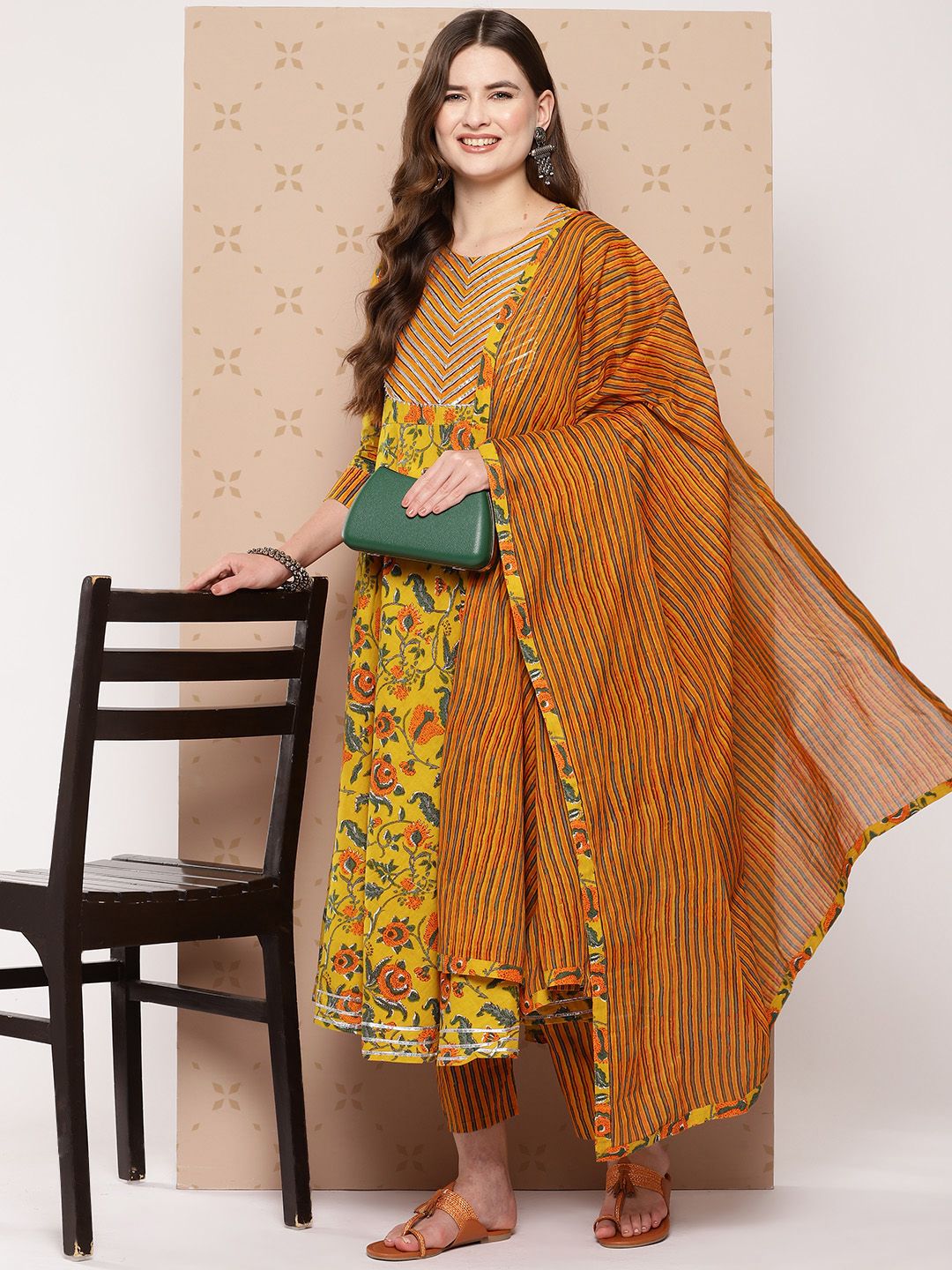 Dhiyona KL Pure Cotton Floral Printed Anarkali Gotta Patti Kurta With Trousers & With Dupatta