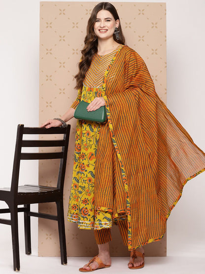 Dhiyona KL Pure Cotton Floral Printed Anarkali Gotta Patti Kurta With Trousers & With Dupatta