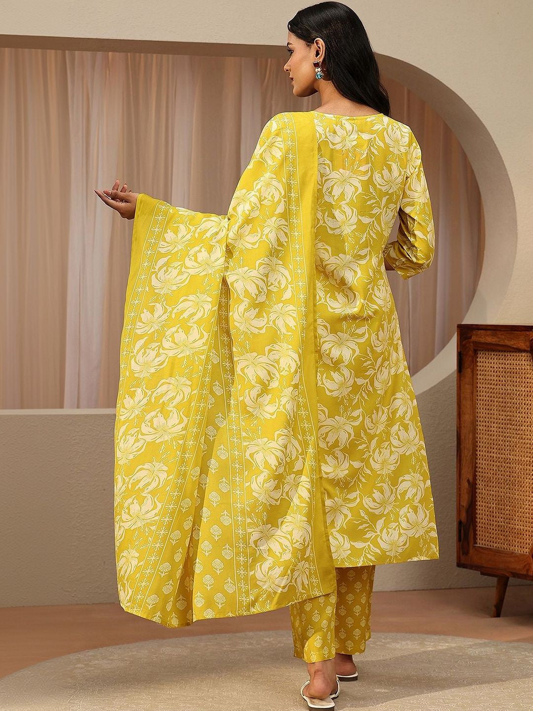 Lime Yellow Floral Printed Cotton Straight Suit Set