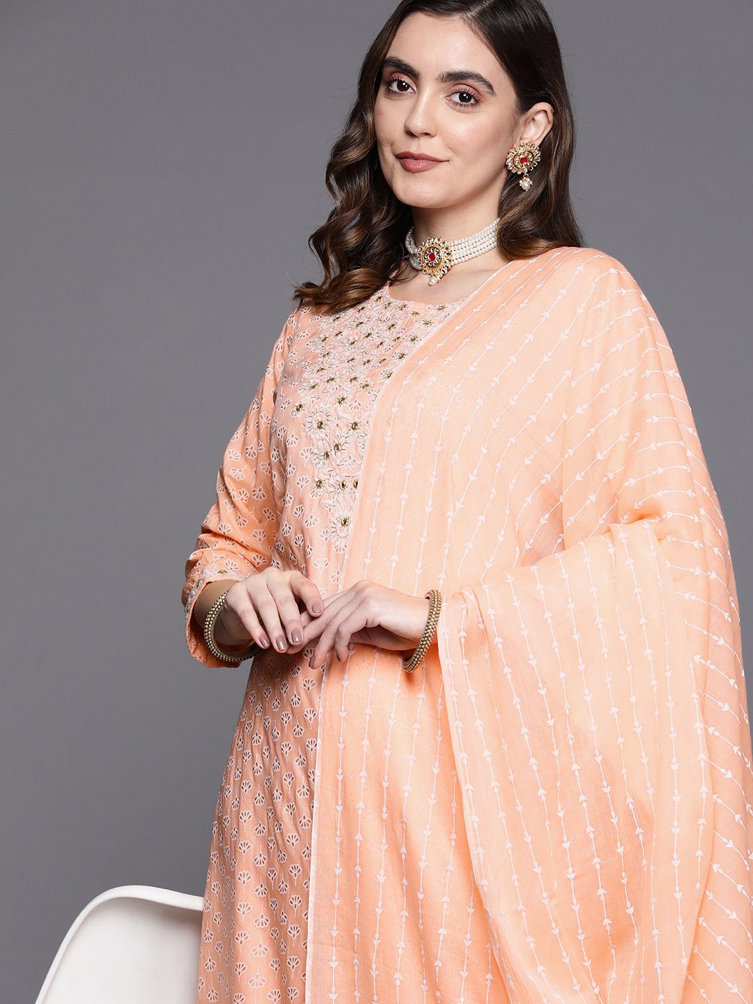 Dhiyona IE Women Peach-Coloured Embroidered Mirror Work Kurta with Trousers & Dupatta