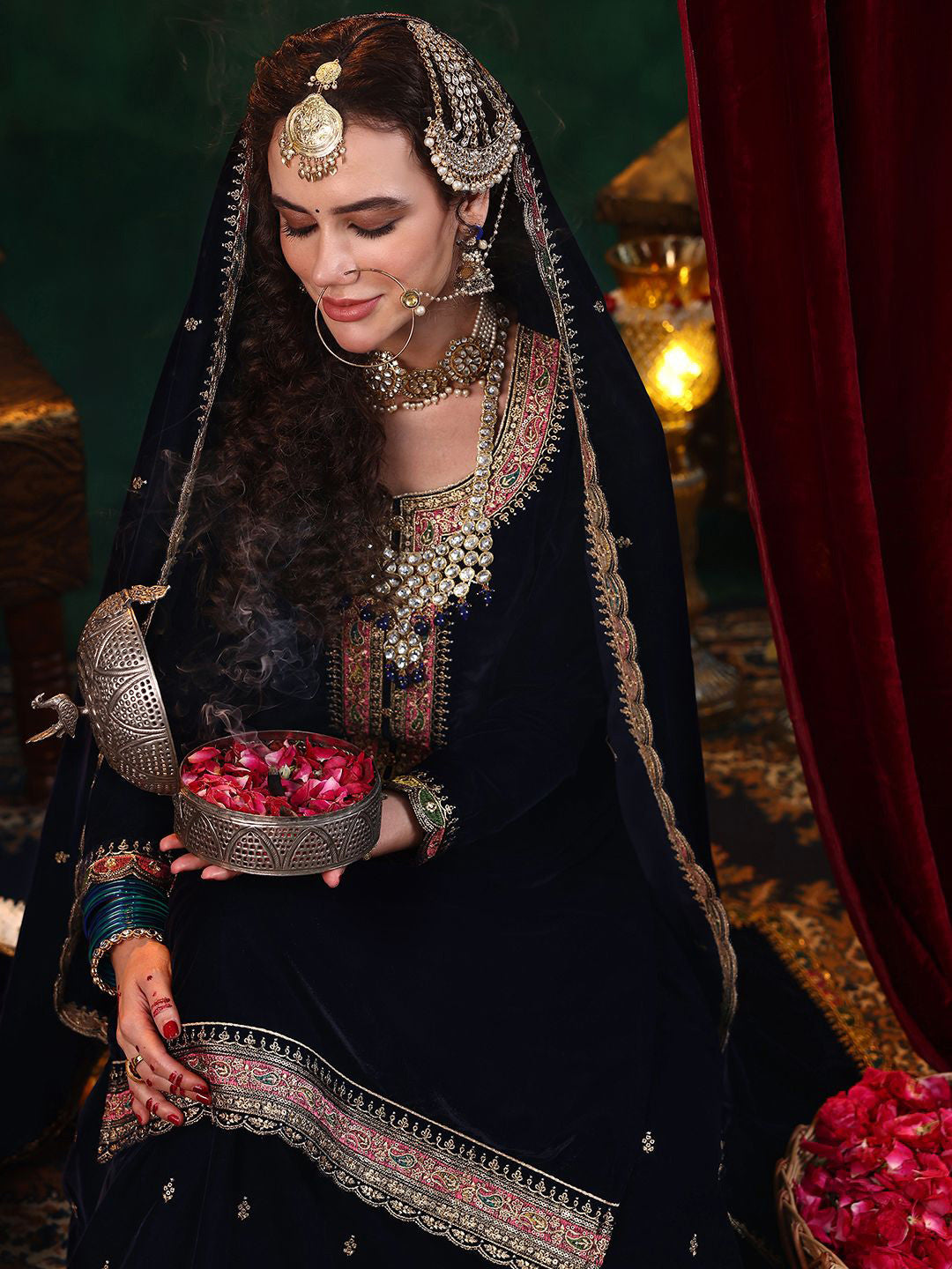 Paisley Embroidered Zari Straight Velvet Kurta With Skirt & Dupatta