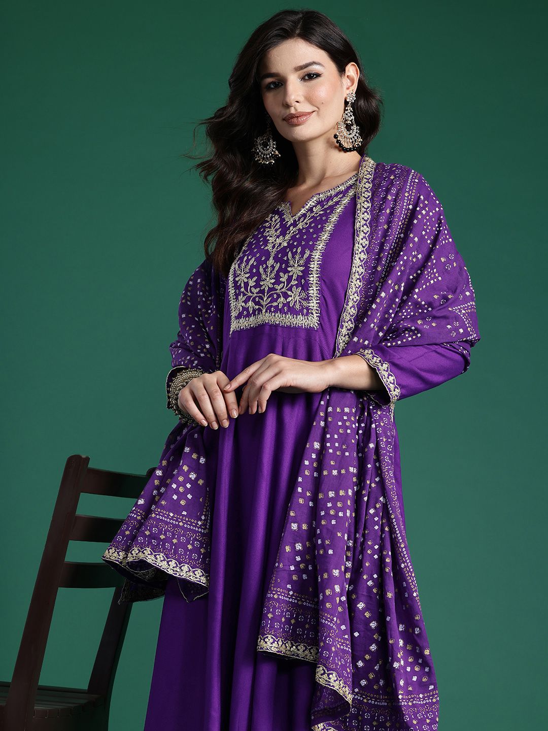 Dhiyona IE Embroidered Sequinned Kurta With Trousers & Dupatta