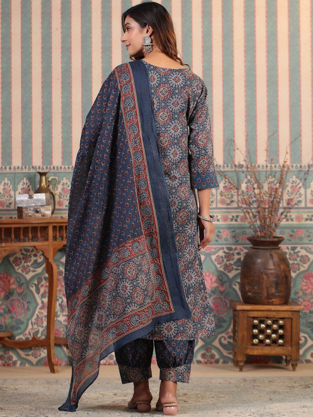 Dhiyona IS Women's ISHIN Sequinned Ajarakh Printed Cotton Straight Kurta with Printed Pants and Dupatta