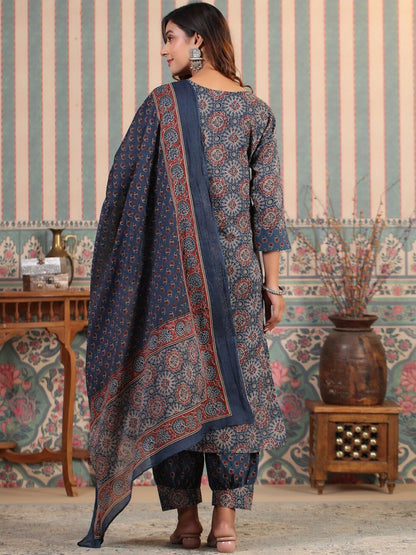 Dhiyona IS Women's ISHIN Sequinned Ajarakh Printed Cotton Straight Kurta with Printed Pants and Dupatta