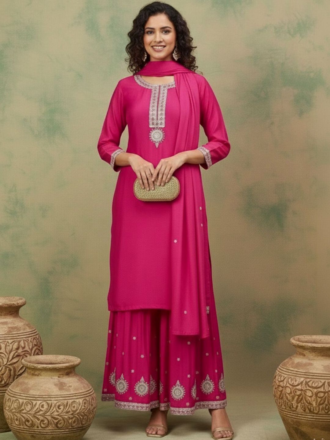 Dhiyona SN Embroidered Round-Neck Kurta Sharara & Dupatta