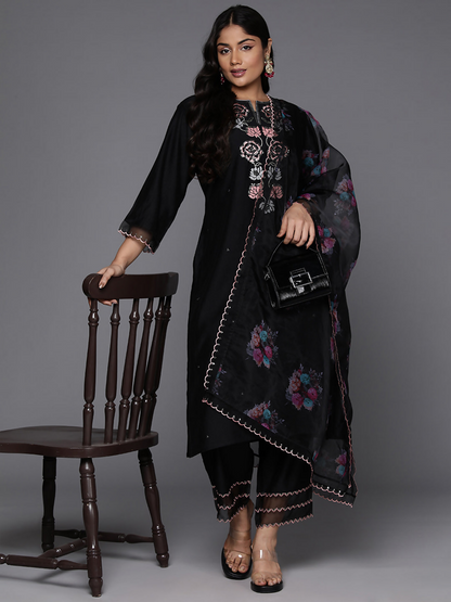 Women's Plus Size Black Embroidered Straight Kurta Trousers With Dupatta Set