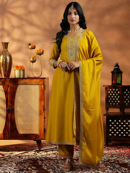 Women's LB Mustard Yoke Design Silk Blend A-Line Kurta With Trousers & Dupatta