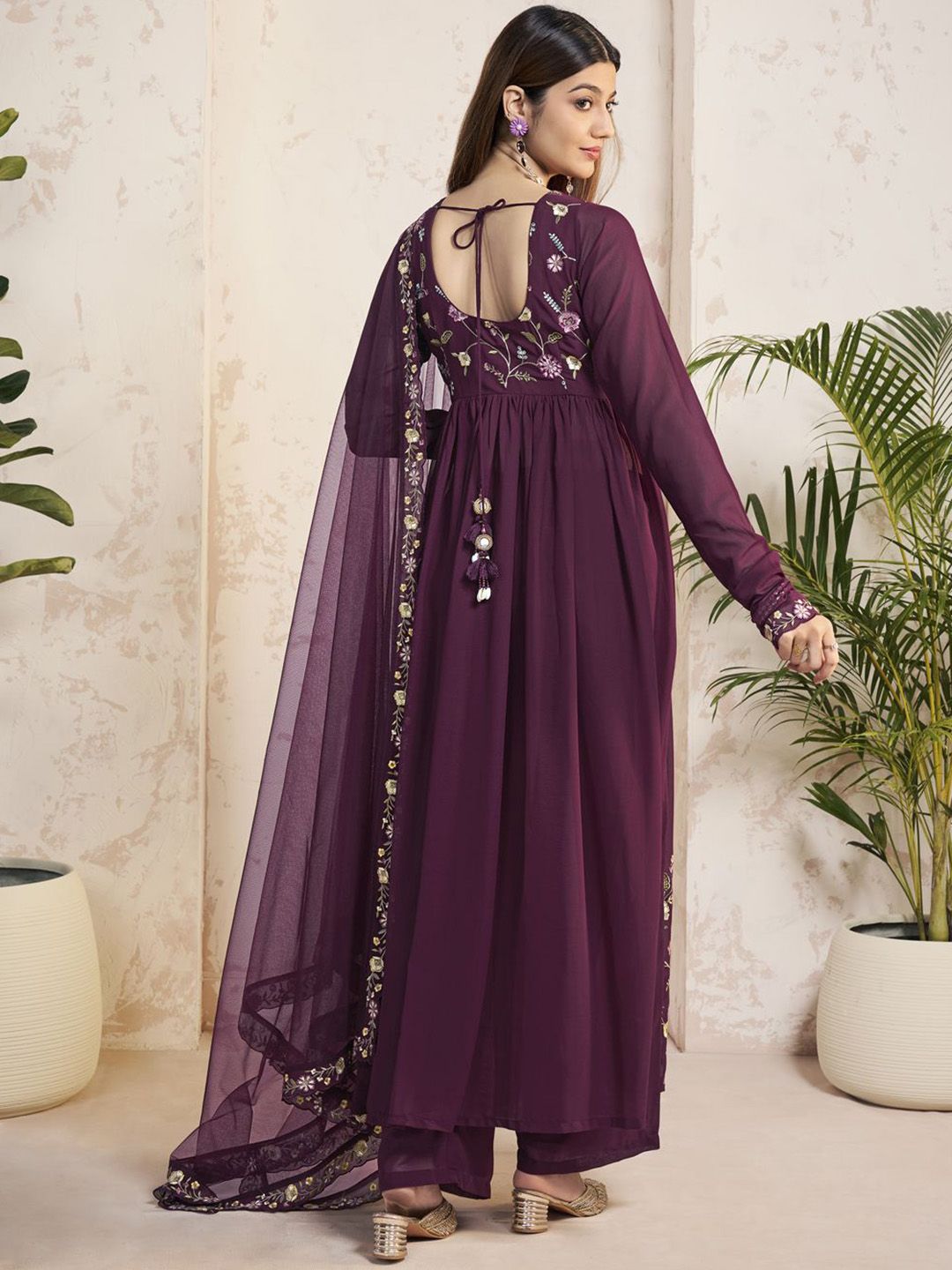 Dhiyona IN Floral Embroidered Thread Work Georgette A-Line Kurta With Palazzos And Dupatta