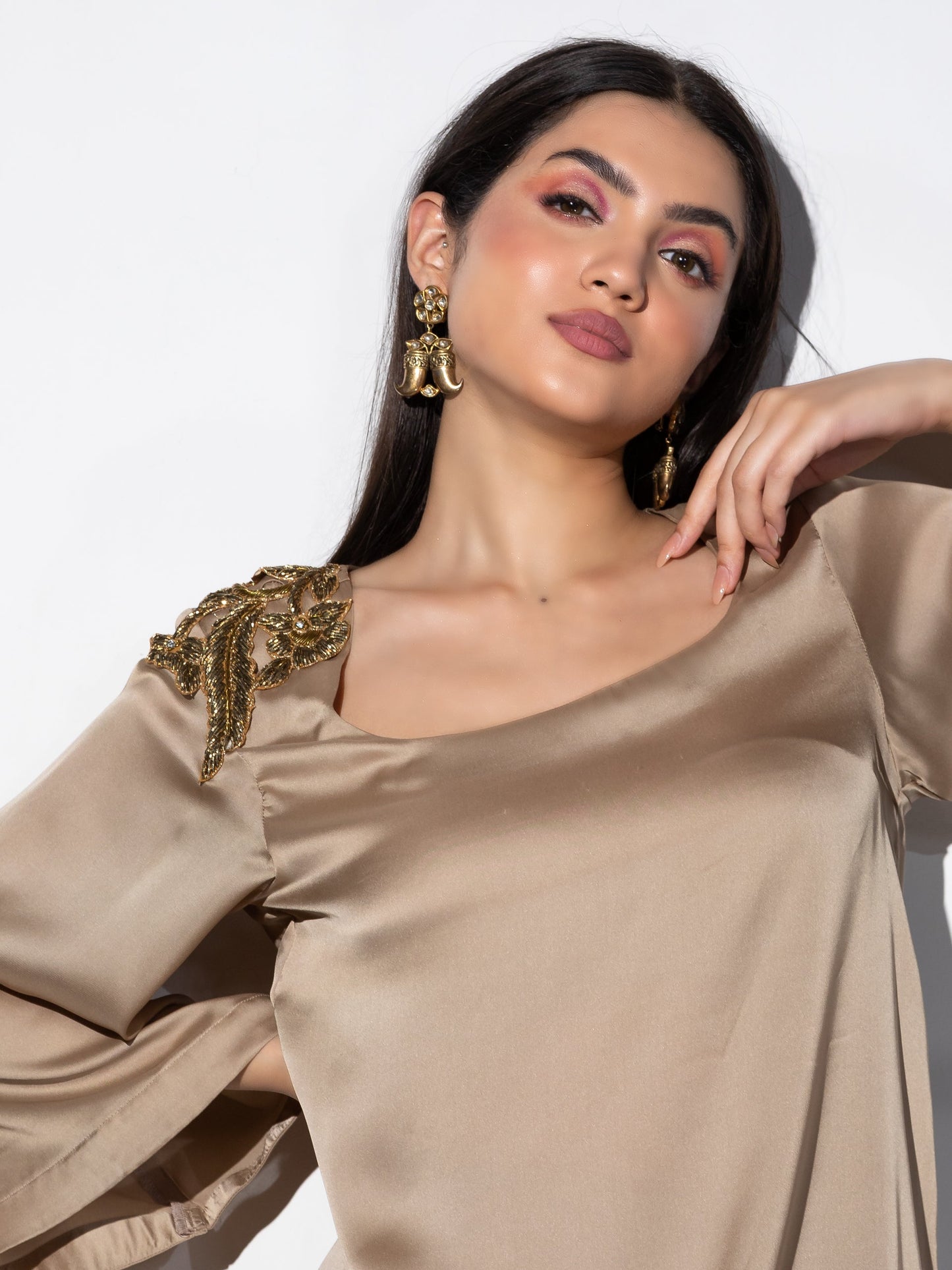 Dhiyona ST Women's Peanut Satin Short Kurta with Embellished Gold Patch on Shoulder 1 Piece | Straight Fit, U Neck, Full Sleeves, Festive Wear, (Satin)