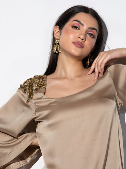 Dhiyona ST Women's Peanut Satin Short Kurta with Embellished Gold Patch on Shoulder 1 Piece | Straight Fit, U Neck, Full Sleeves, Festive Wear, (Satin)