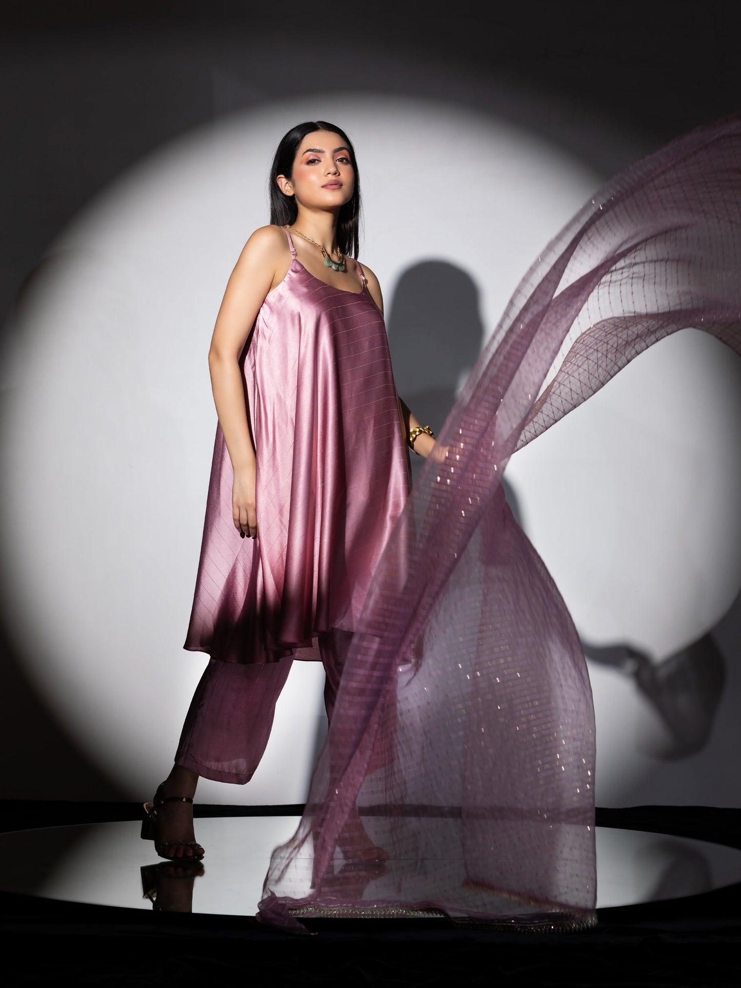 Dhiyona ST Women's Pink Stripe Satin Dress Set with Pants and Organza Sparkle Dupatta with Lace 3 Piece Set | Straight Fit, Round Neck, Sleeveless, Pants, Festive Wear, (Satin)