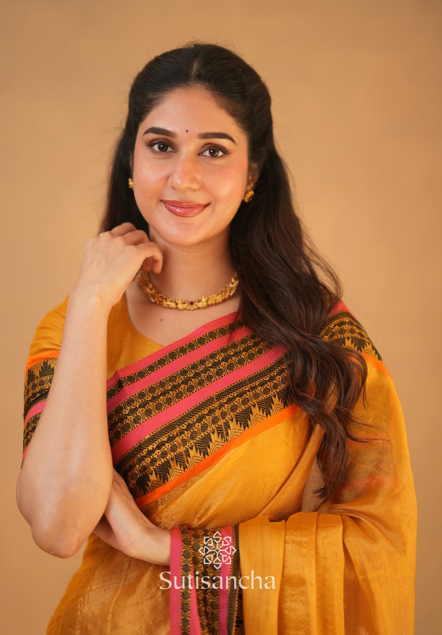 Dhiyona SS South Charm Tissue Cotton Saree with Traditional Border