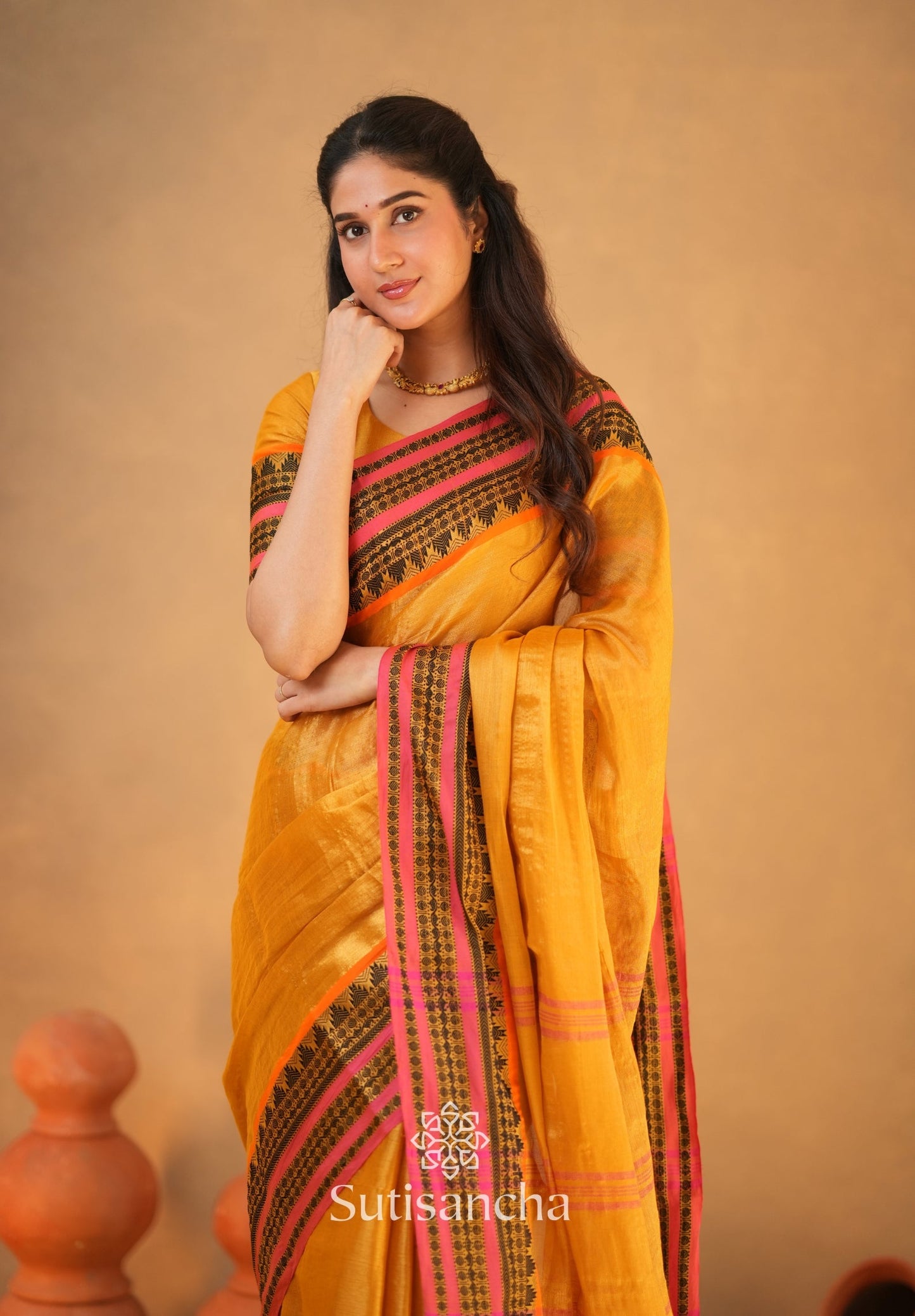 Dhiyona SS South Charm Tissue Cotton Saree with Traditional Border