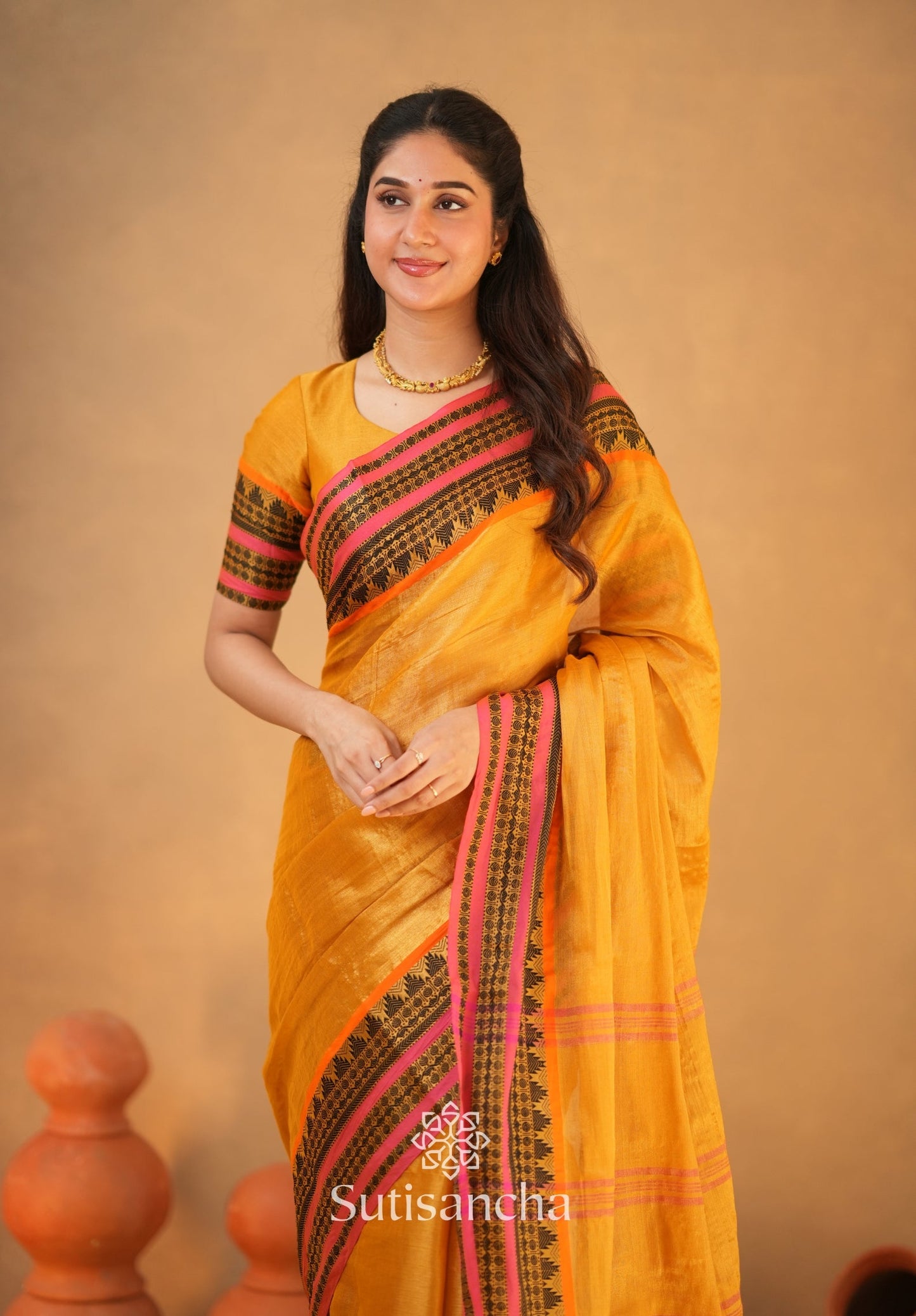 Dhiyona SS South Charm Tissue Cotton Saree with Traditional Border