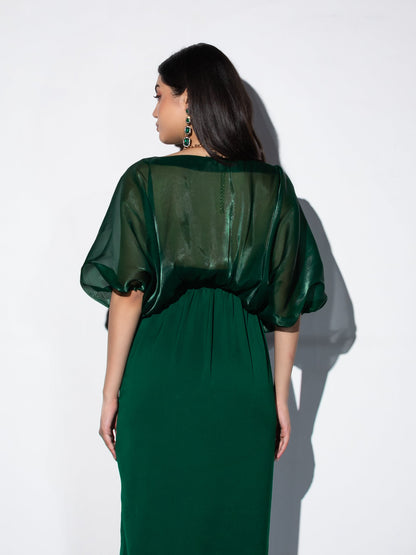 Dhiyona ST Women's Metal Strap Korean Emerald Dress Set with Satin Organza Cape 2 Piece Set | A-Line, V Neck, Sleeveless, Partywear, (Satin Organza)