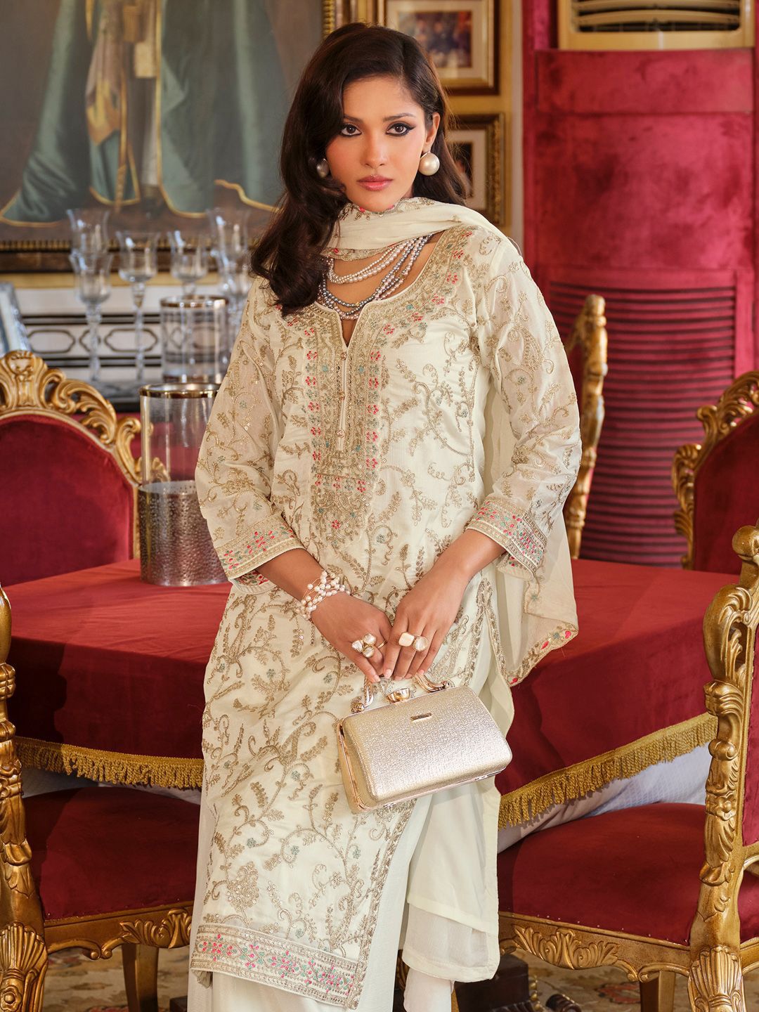 Adults-Women Woven Design Embroidered Kurta with Palazzos & Dupatta