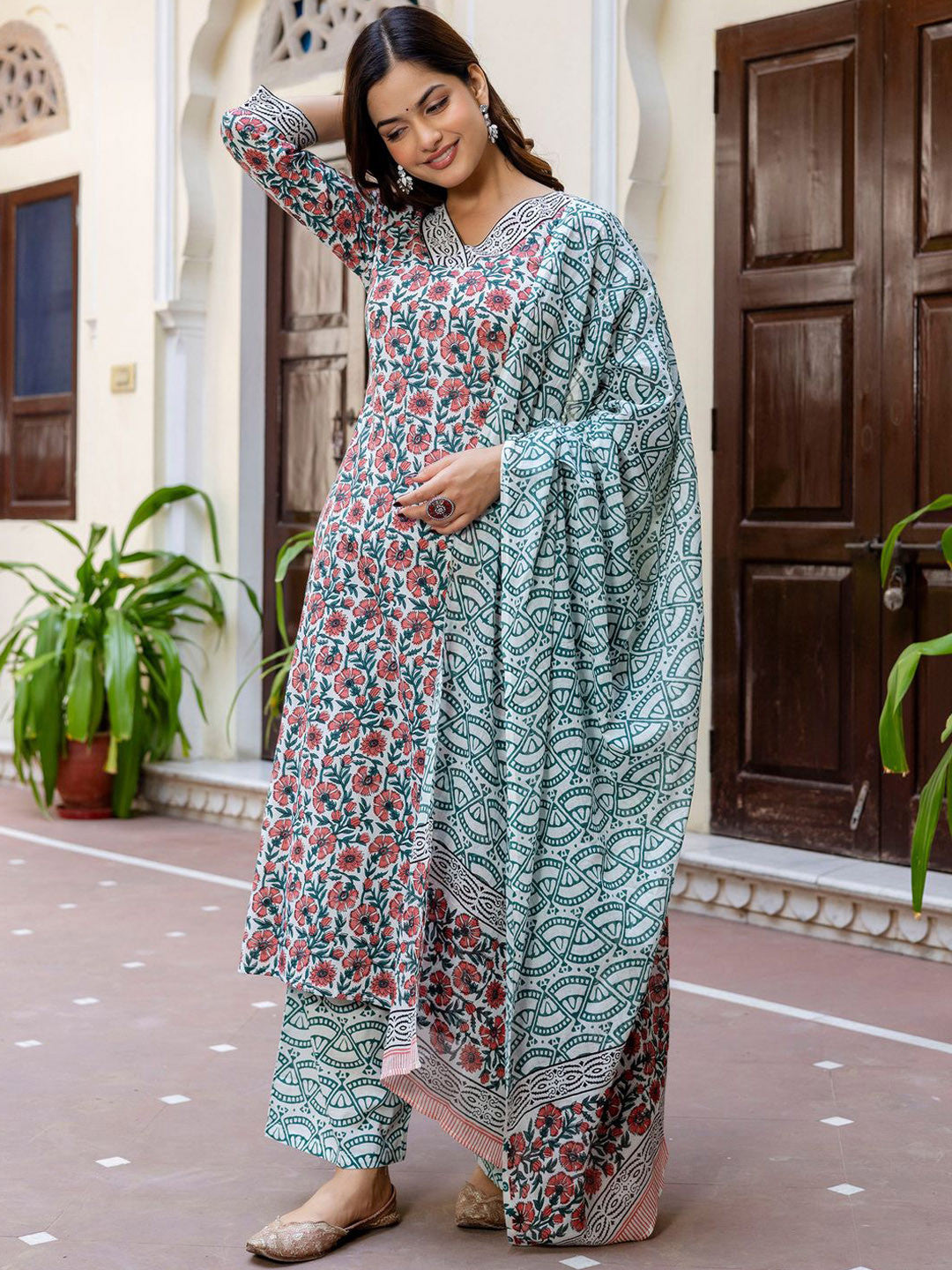 Floral Printed V-Neck Pure Cotton Straight Kurta With Palazzo And Dupatta
