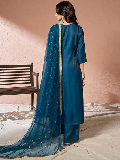Dhiyona IN Floral Yoke Design Regular Pure Silk Kurta with Palazzos & Dupatta