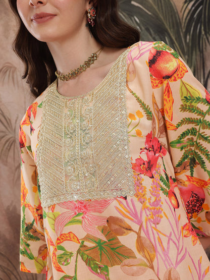Floral Printed Regular Sequinned Kurti With Palazzos