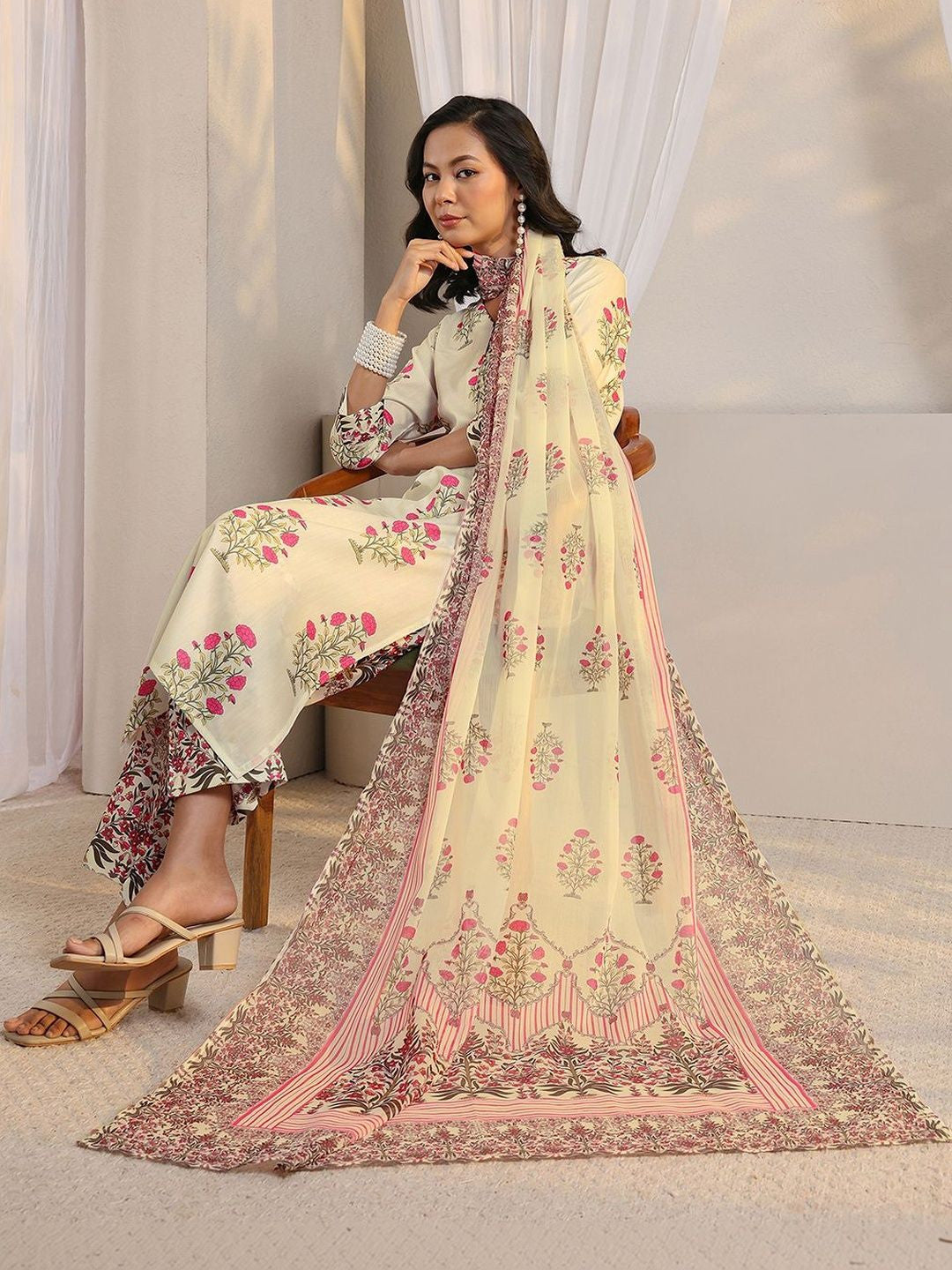 Off White Floral Printed Chanderi Silk Straight Suit Set with Dupatta