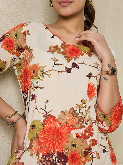 Floral Printed V-Neck Pure Cotton Straight Kurta with Trousers