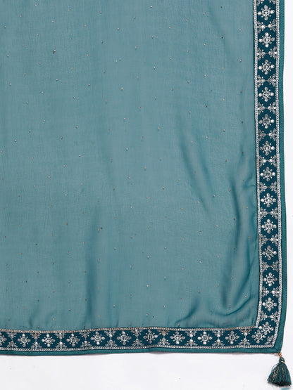 Floral Embroidered High Slit Sequinned Kurta with Palazzos & Dupatta