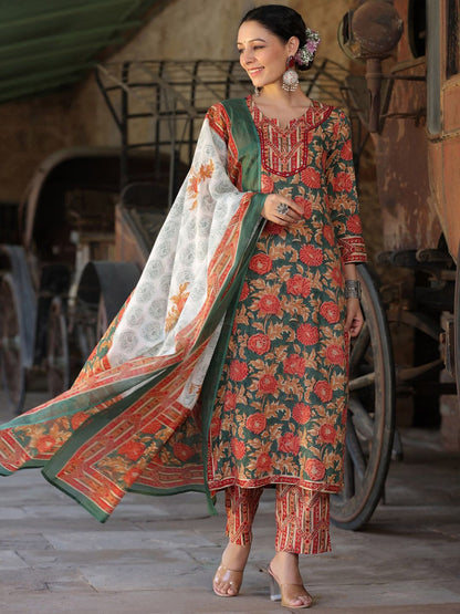 Dhiyona RR Women's Printed Notch Neck Pure Cotton Straight Kurta With Trousers & Dupatta