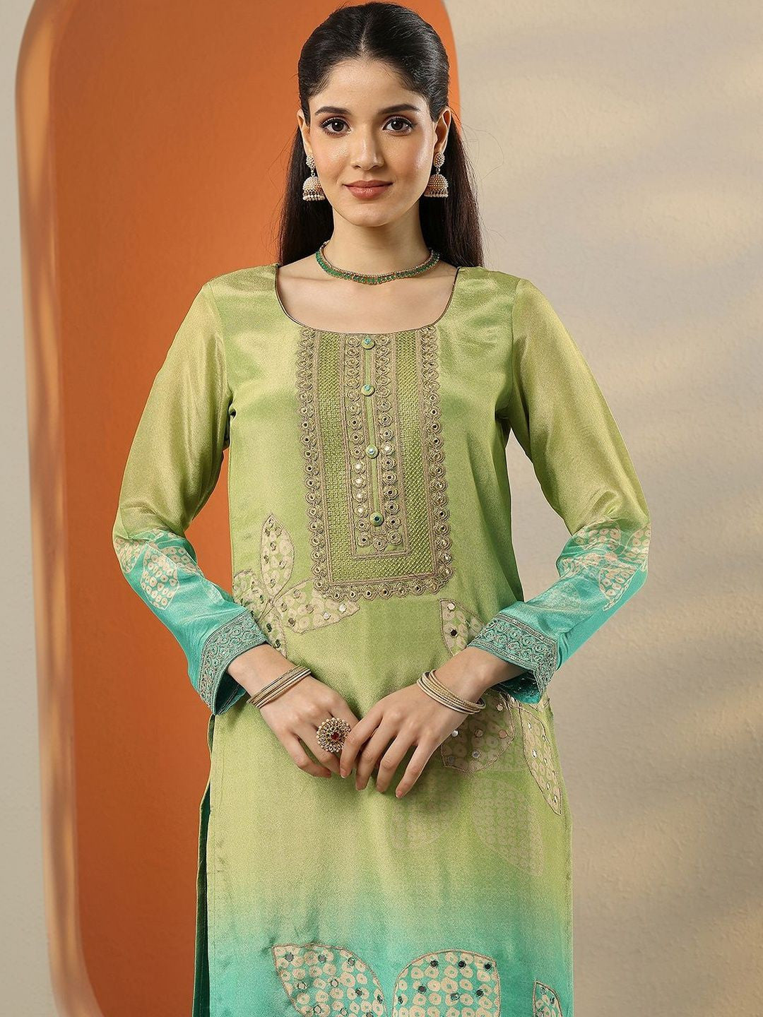 Women Ombre Dyed Regular Mirror Work Silk Crepe Kurta with Trousers & With Dupatta