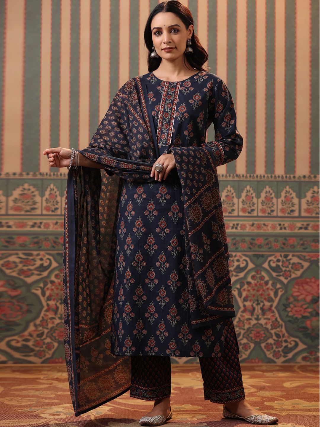 Dhiyona RR Women's Ethnic Printed Pure Cotton Kurta with Palazzos & Dupatta