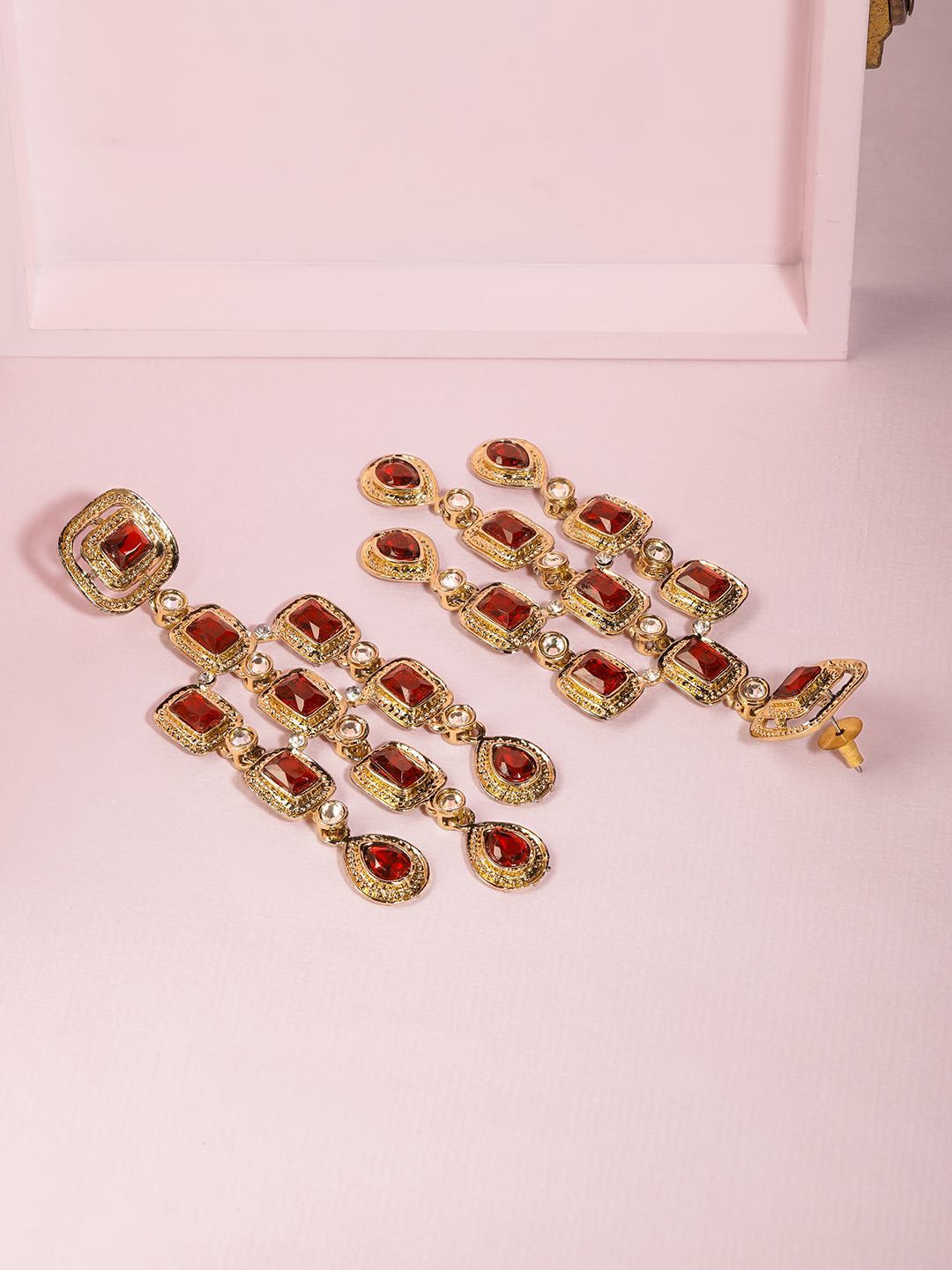 Dhiyona RJ Women's 22K Gold-Plated Ruby Red & Zirconia Studded Long Dangle Earrings