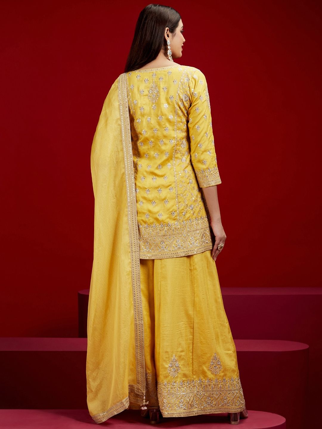 Dhiyona LL Floral Embroidered Sequinned Pure Silk Kurti with Palazzos & With Dupatta