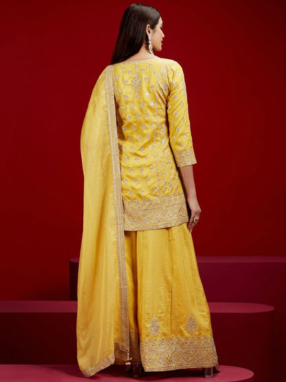 Dhiyona LL Floral Embroidered Sequinned Pure Silk Kurti with Palazzos & With Dupatta