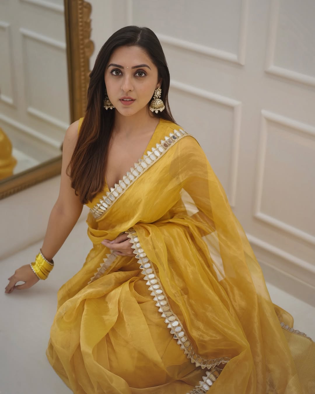 Dhiyona HH Golden Grace Sunstone Mirror Work Designer Tissue Silk Saree