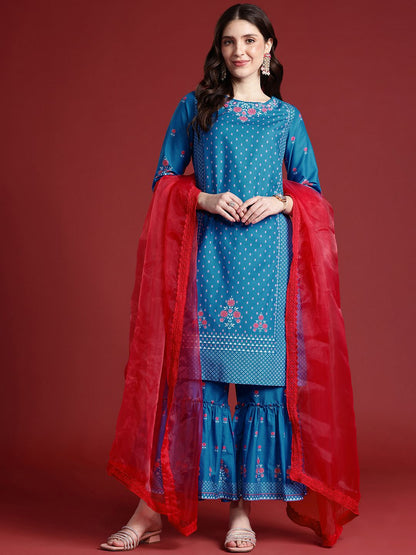 Dhiyona AN Women Floral Printed Regular Kurta With Sharara & Dupatta