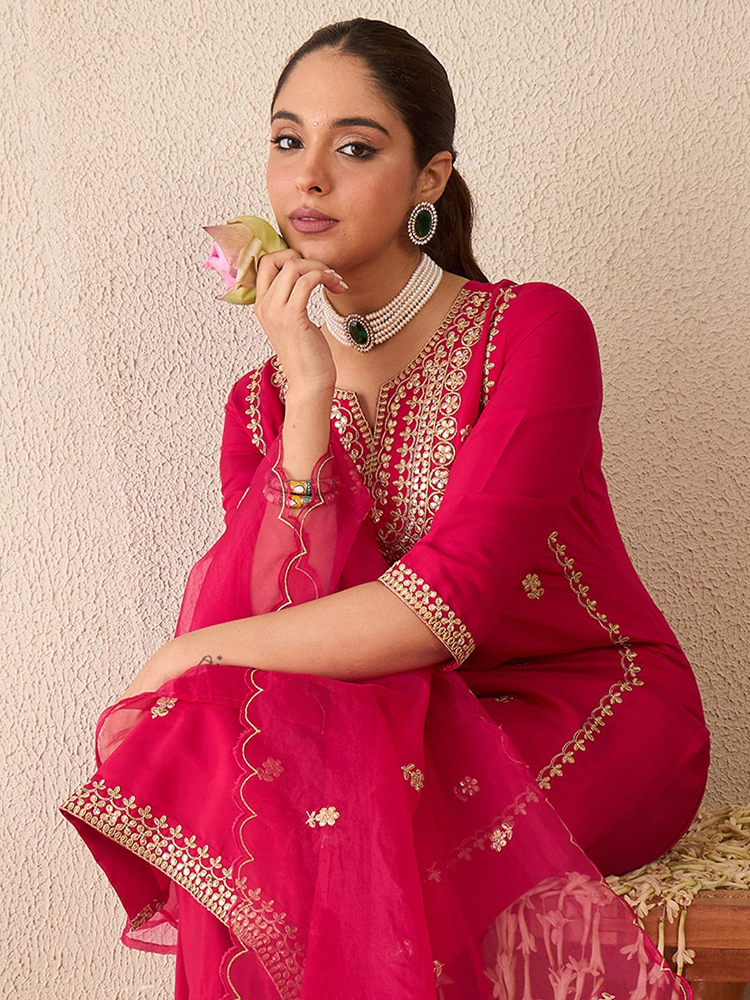 Embroidered Gotta Patti Work Notch Neck Kurta With Trousers & Dupatta