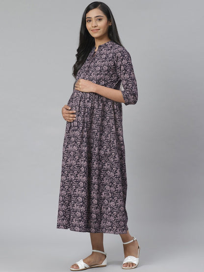 Dhiyona AY Women's Navy Blue & Pink Printed Pure Cotton Maternity A-Line Dress