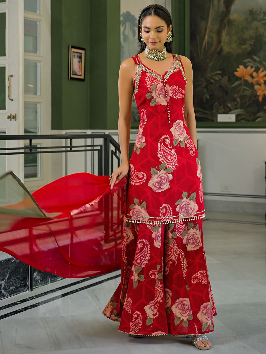 Dhiyona HOP Women Floral Printed Kurta with Sharara & Dupatta