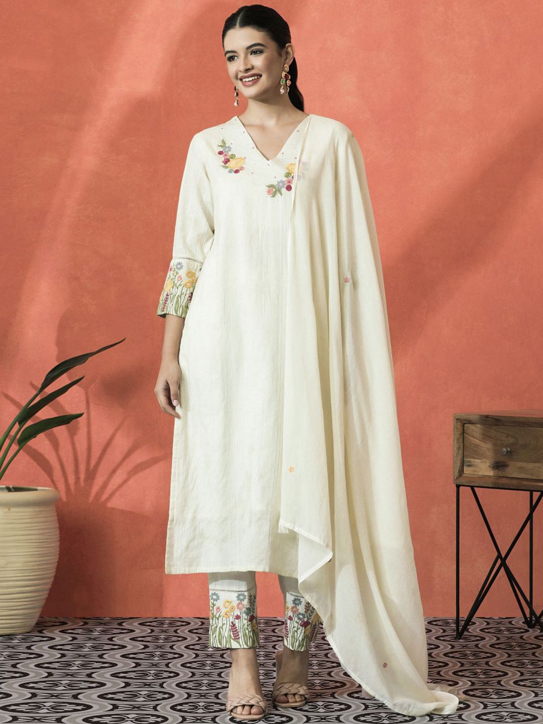 Dhiyona SN Women's Floral Embroidered V-Neck Sequinned Cotton Straight Kurta With Trouser & Dupatta