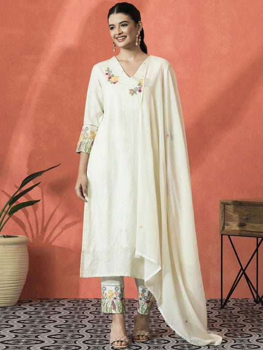Dhiyona SN Women's Floral Embroidered V-Neck Sequinned Cotton Straight Kurta With Trouser & Dupatta