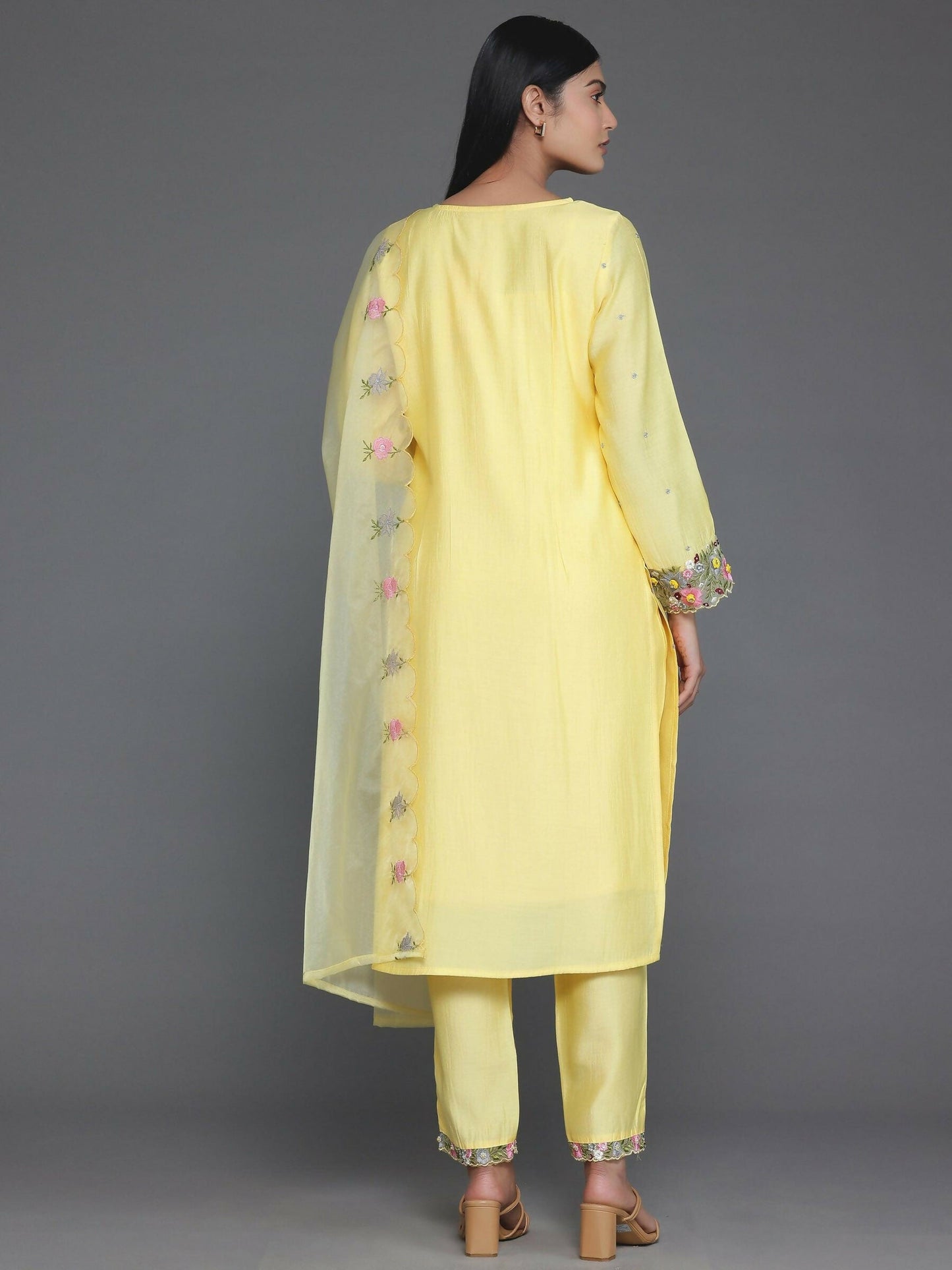 Women's LB Yellow Embroidered Silk Blend Straight Suit With Dupatta