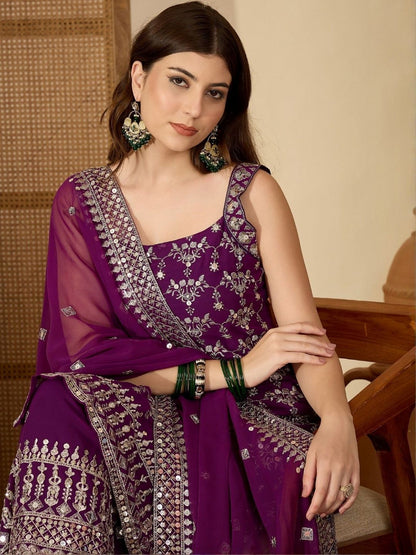 Dhiyona SN Ethnic Motifs Embroidered Sequinned Straight Kurta with Sharara & Dupatta
