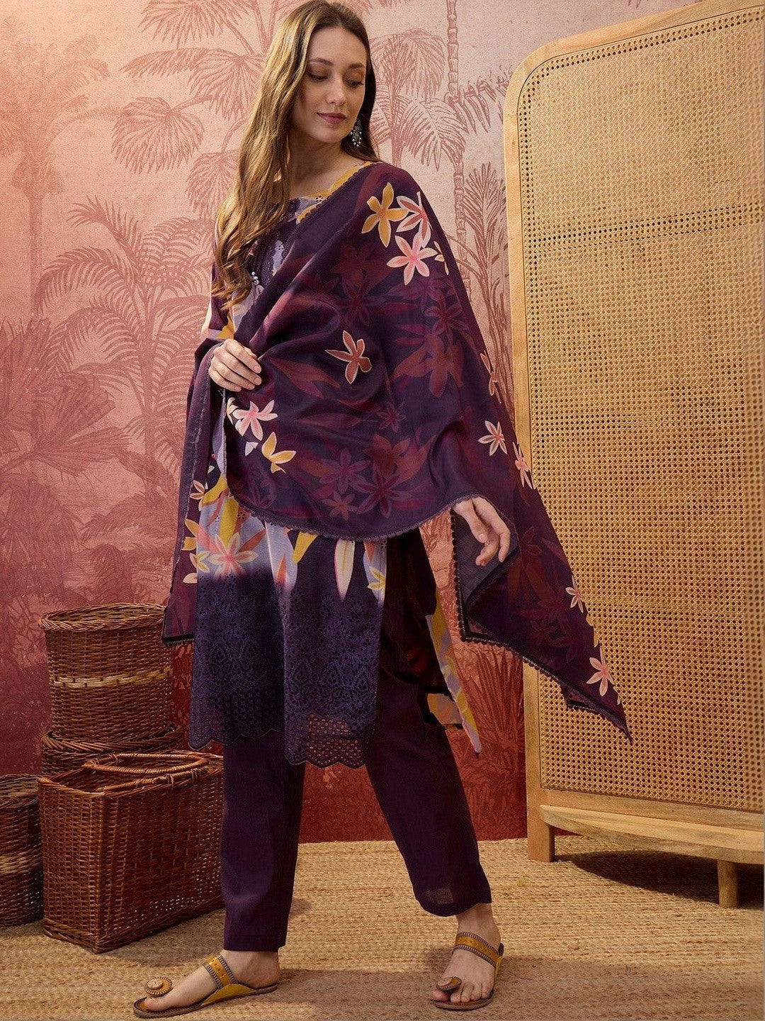 Floral Printed Round Neck Lace Hem Kurta & Trousers With Dupatta